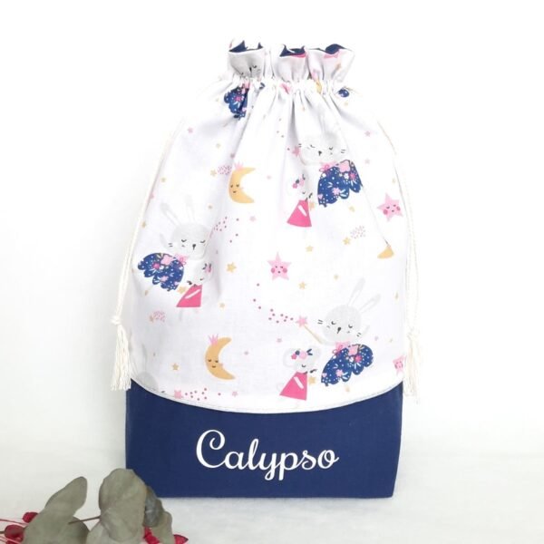 Pochette sac à fond plat goûter personnalisé souris lune danseuse bleu Calypso