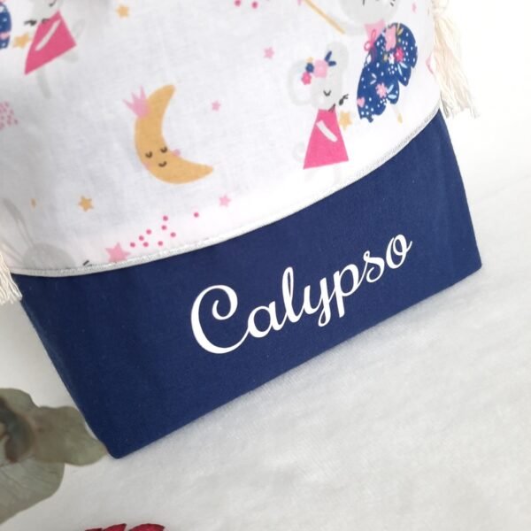 Pochette sac à fond plat goûter personnalisé souris lune danseuse bleu Calypso