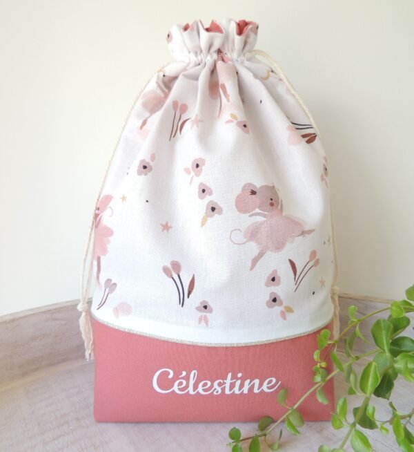Pochette sac à fond plat goûter personnalisé souris danseuse étoile rose fille garçon mixte Célestine