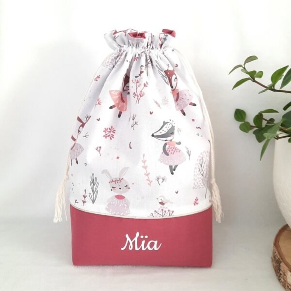 Pochette sac à fond plat goûter personnalisé lapin animaux de la forêt danseuse fille Mïa