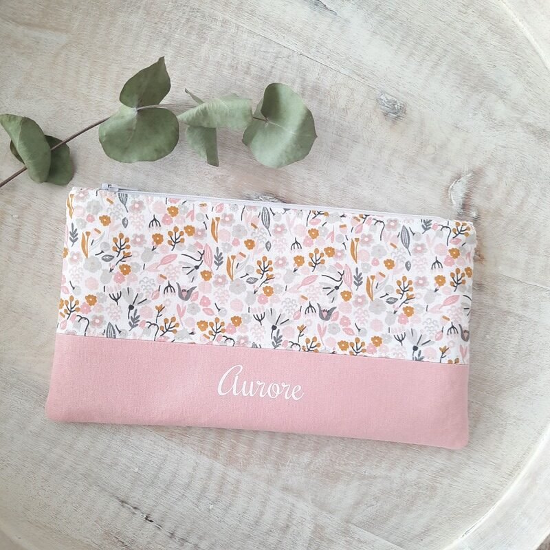 Trousse pochette nature liberty fleurs fleuri rose moutarde personnalisée prénom Aurore