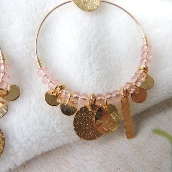 Bijoux - Boucles d'oreilles créoles sequins scintillants perles en verre rose pâle