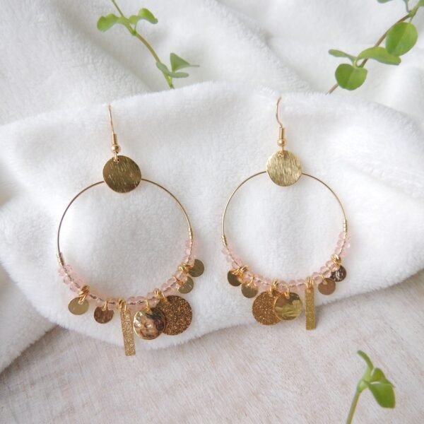 Bijoux - Boucles d'oreilles créoles sequins scintillants perles en verre rose pâle